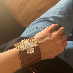 Artisan | Coastal cowgirl artisan crafted leather cross cuff with genuine pearl